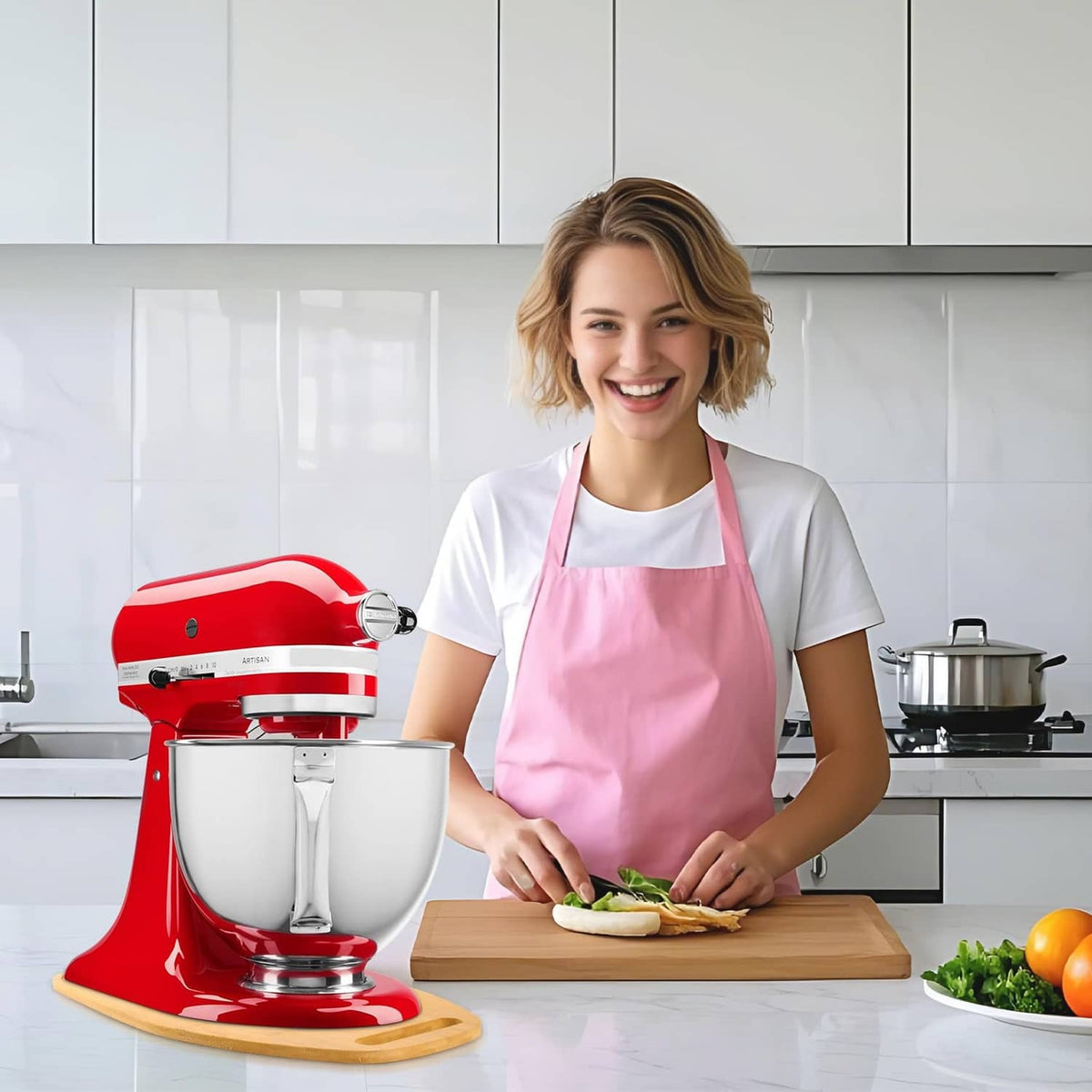 Natural bamboo mixer board with carry handle on kitchen counter beneath stand mixer