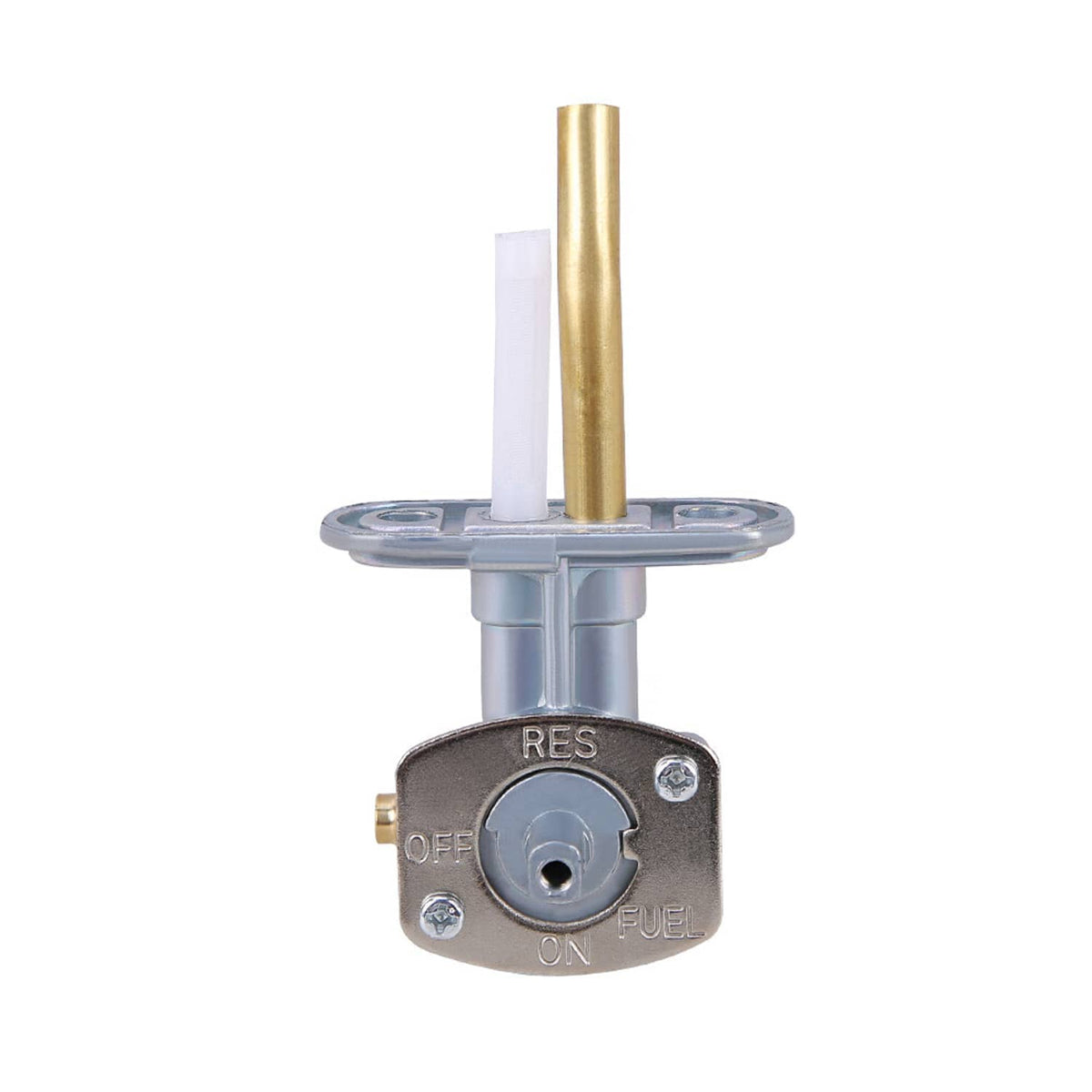 Fuel petcock valve with black RES/NO selector and vertical brass tube