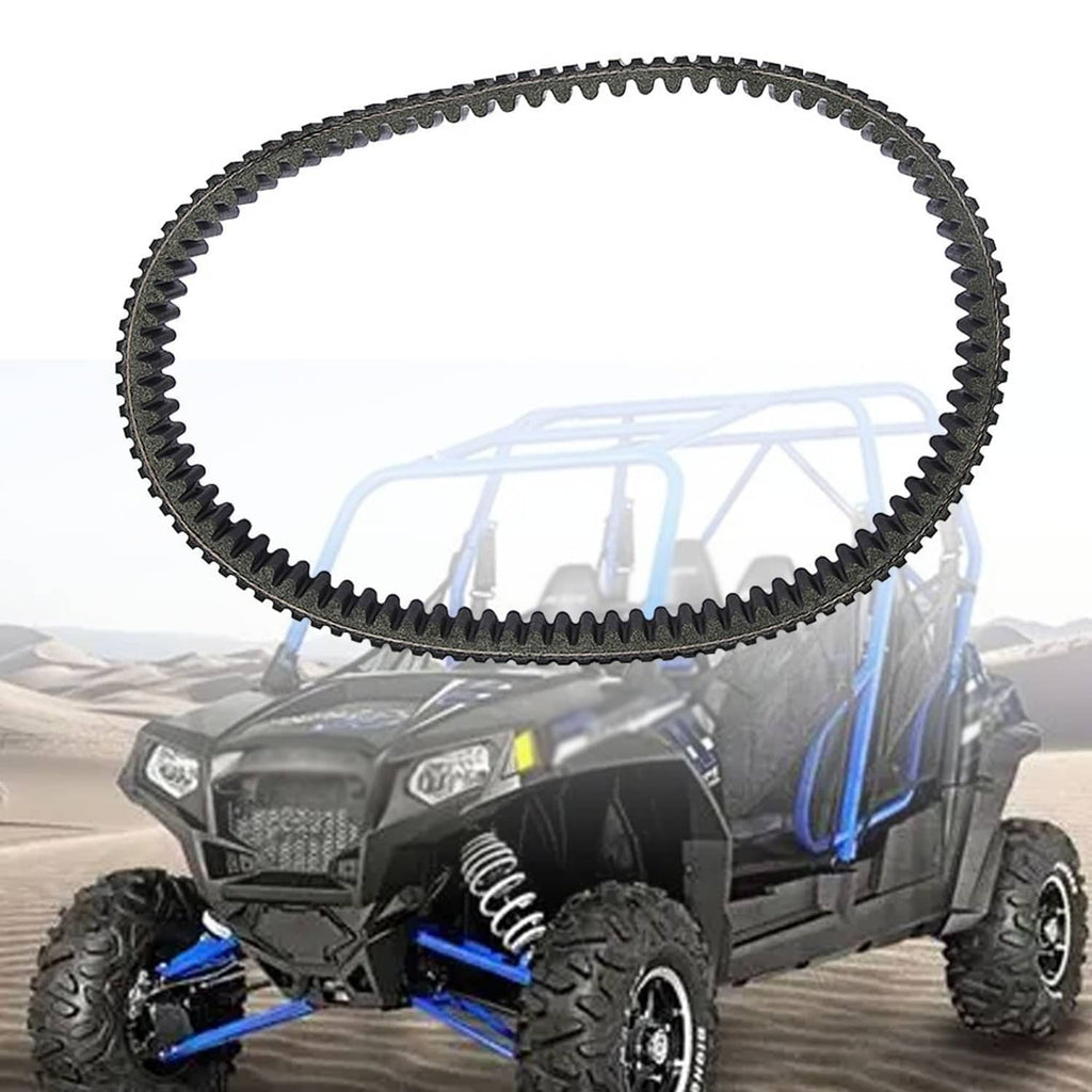 Black toothed drive belt loop with visible ridges and gear-like teeth, paired with UTV