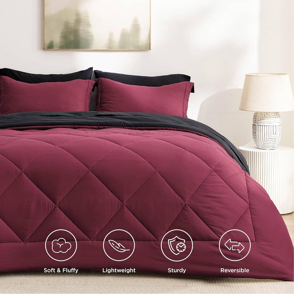 Bedsure queen comforter set in burgundy with black reverse, quilted design, and decorative pillows