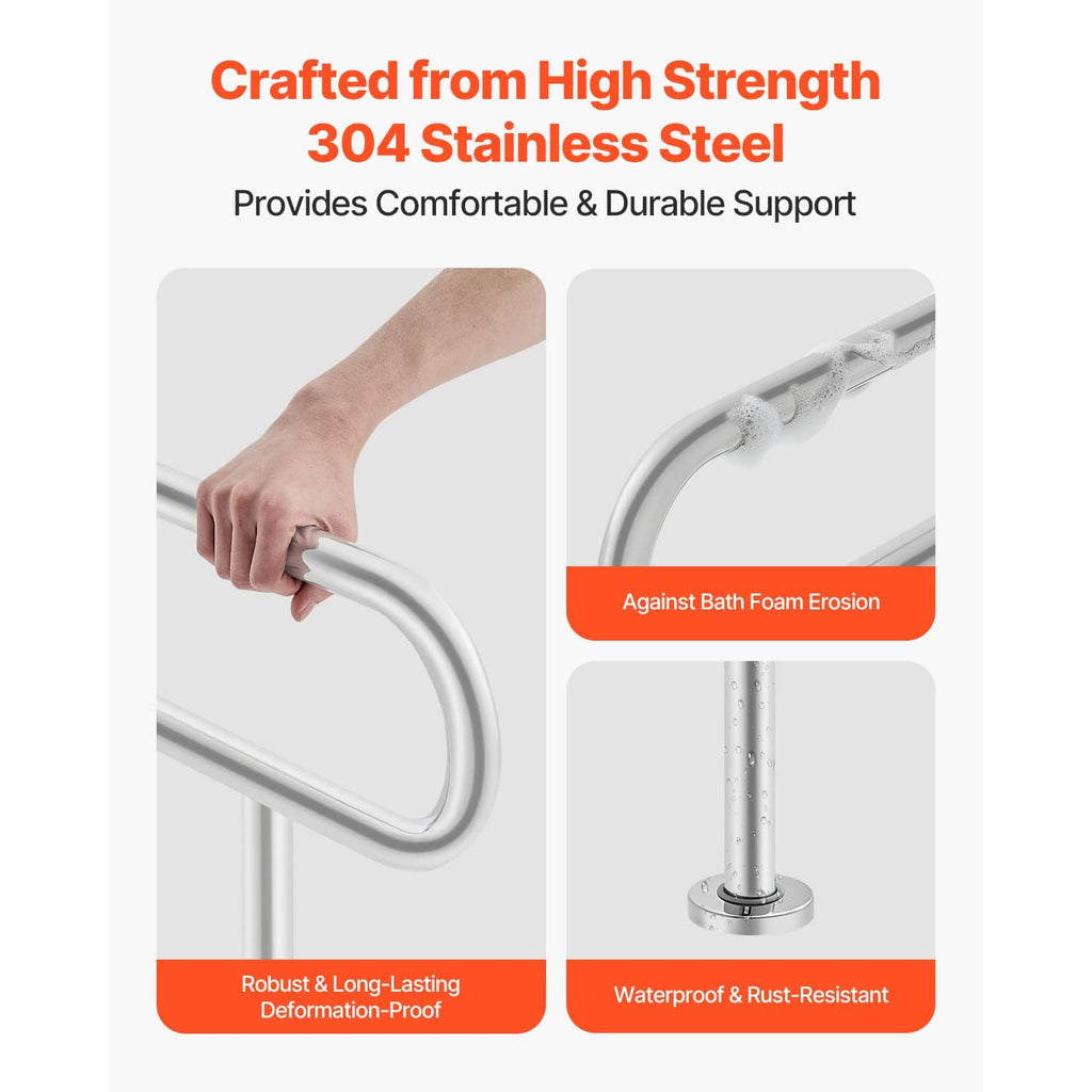 Stainless steel toilet grab bar with rounded U-shaped grip and support post