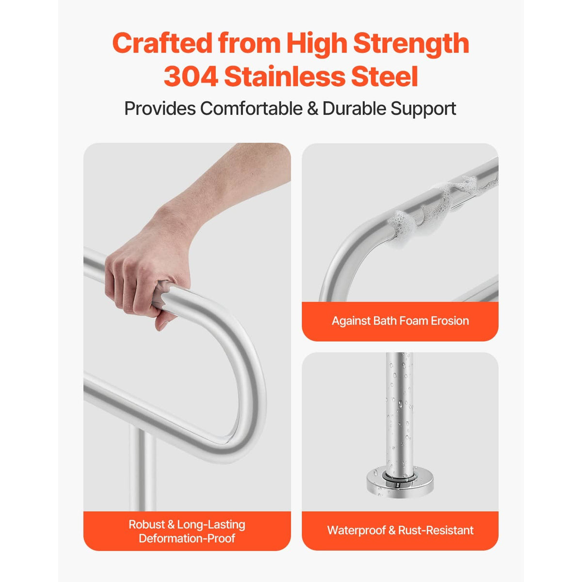 Stainless steel toilet grab bar with rounded U-shaped grip and support post