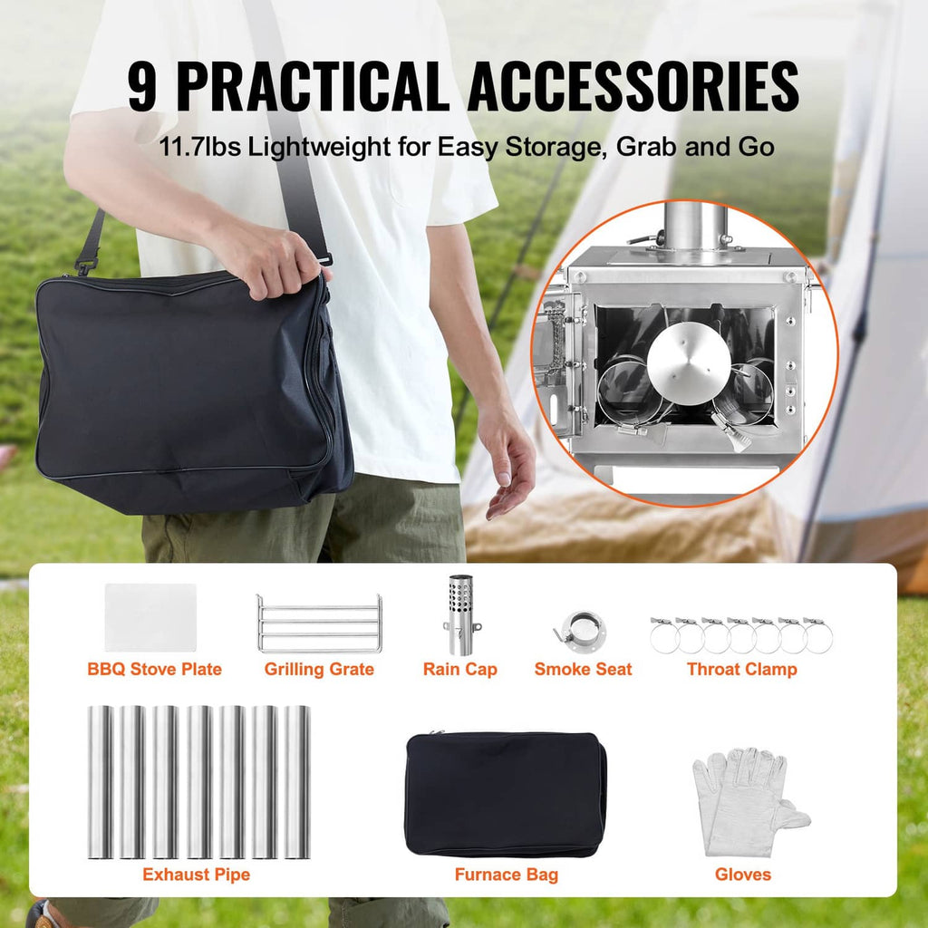 Portable wood stove kit with chimney pipe, gloves, and storage furnace bag