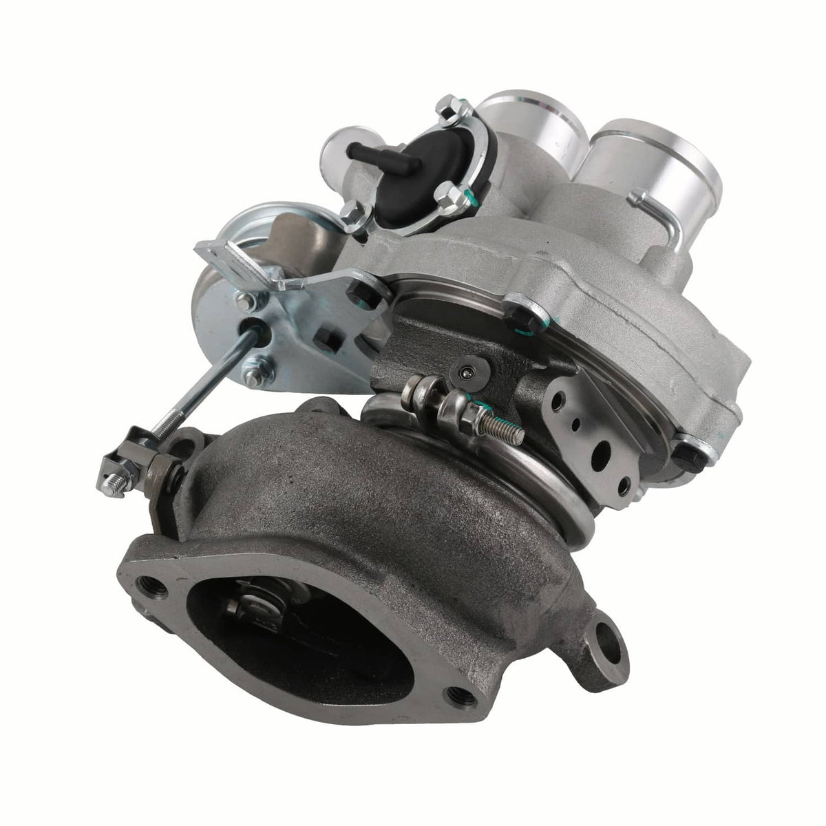 Passenger-side RH turbocharger assembly with steel housing and inlet flange, front view
