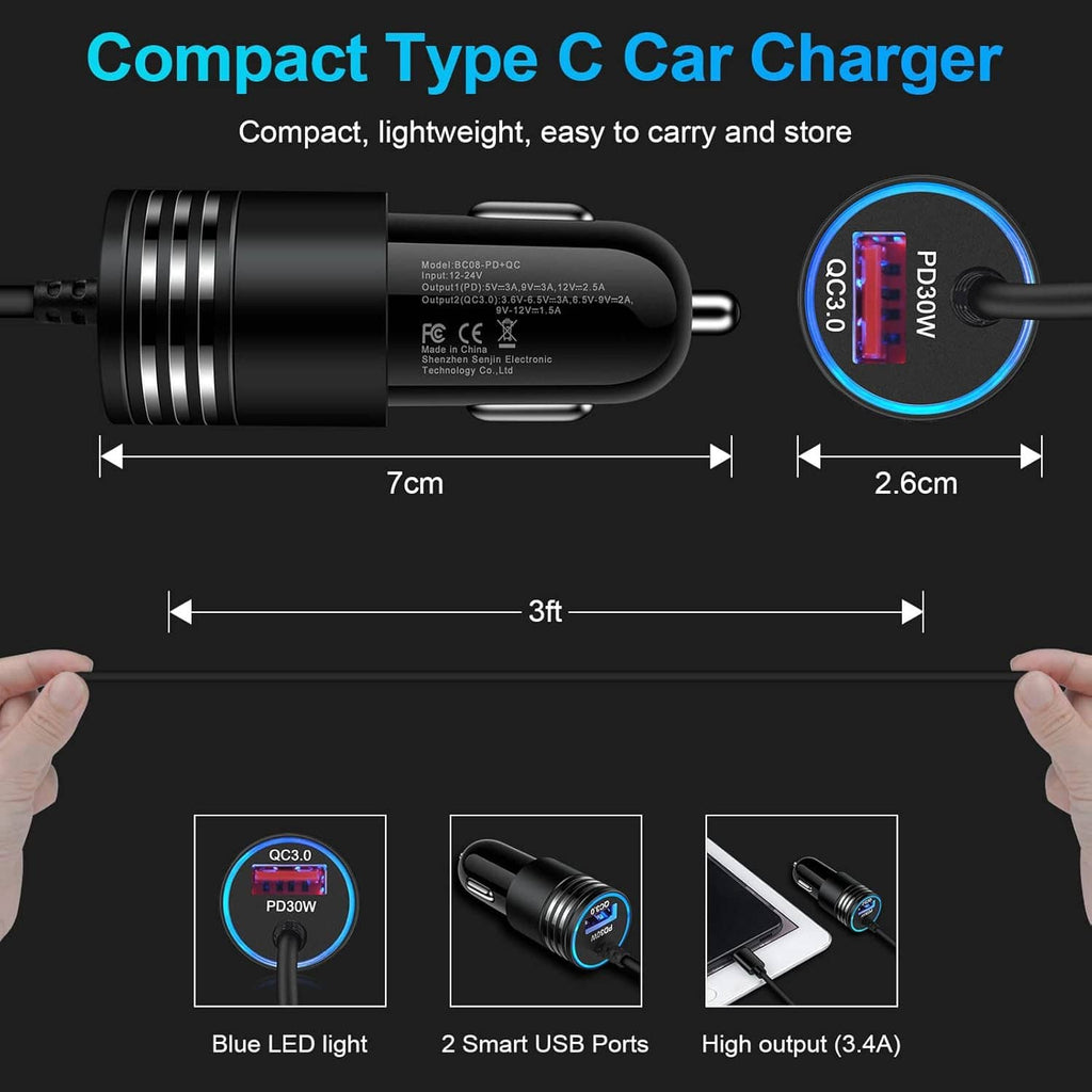 Compact USB-C car charger with coiled cable, two USB ports, black cylindrical design