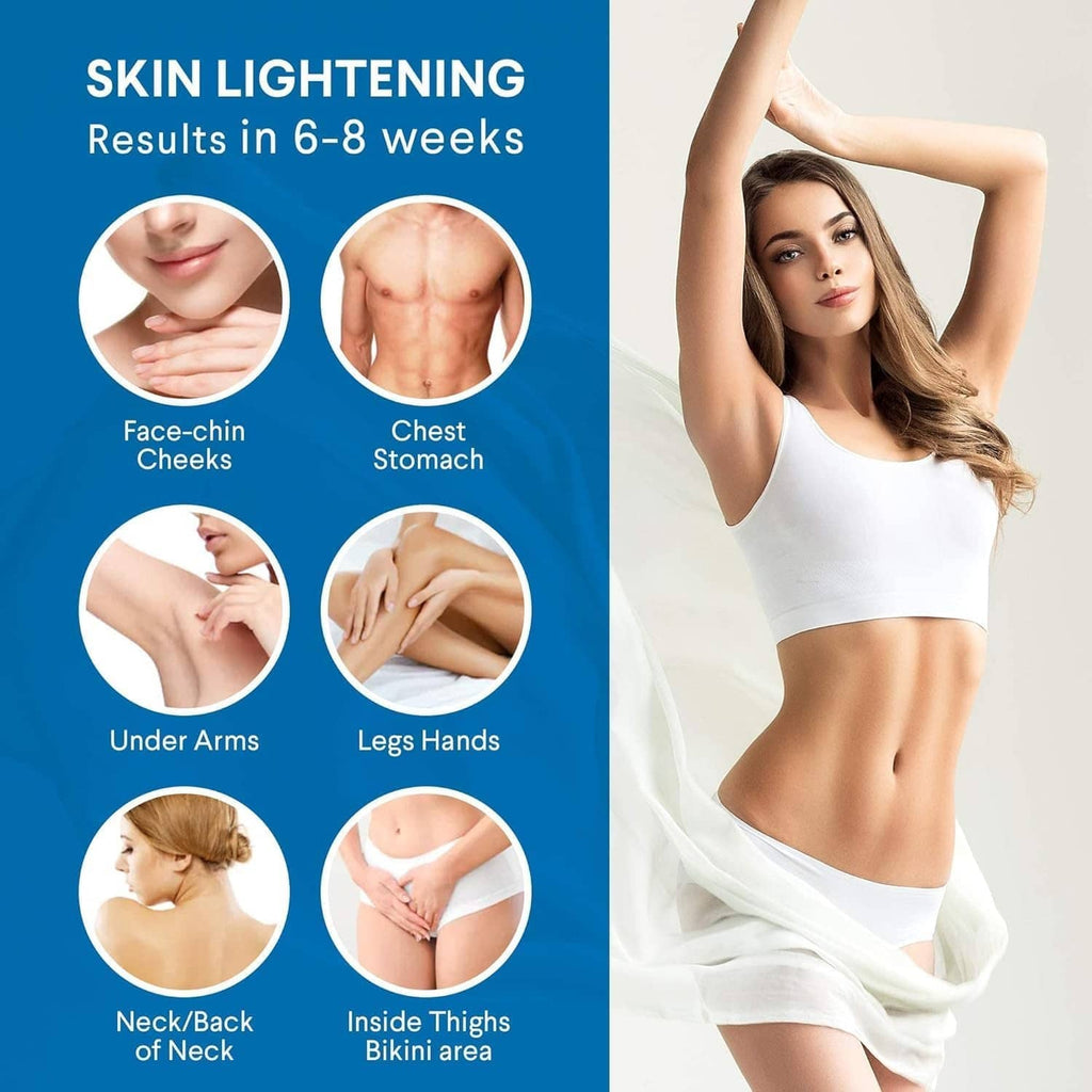 Dark spot remover bottle with skin lightening results infographic circles