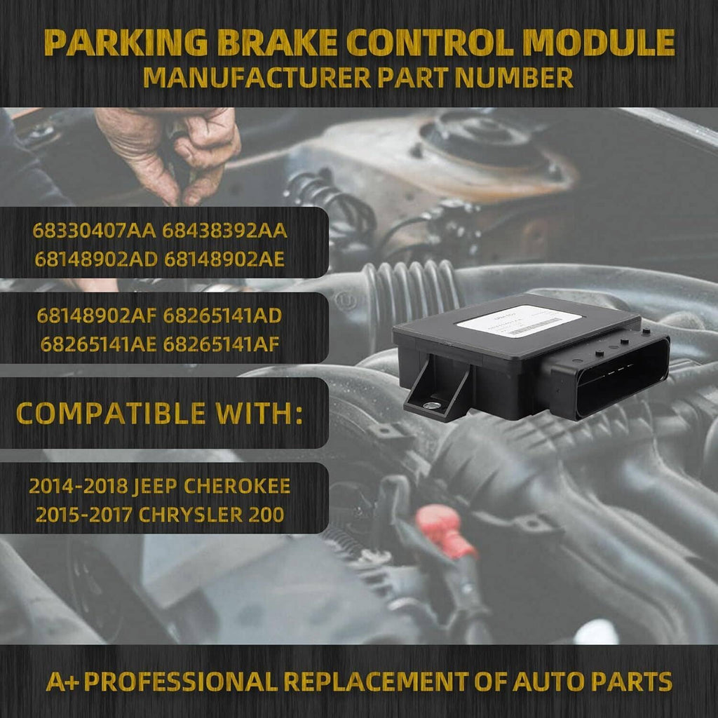 Parking brake control module close-up with connector ports, black casing and label area