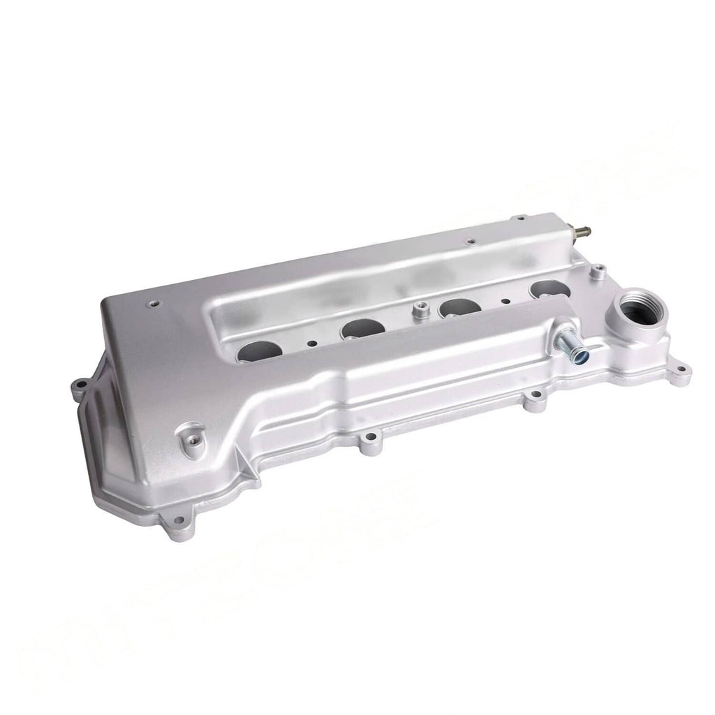 Aluminum valve cover with gasket, angled top view with silver finish and side outlet