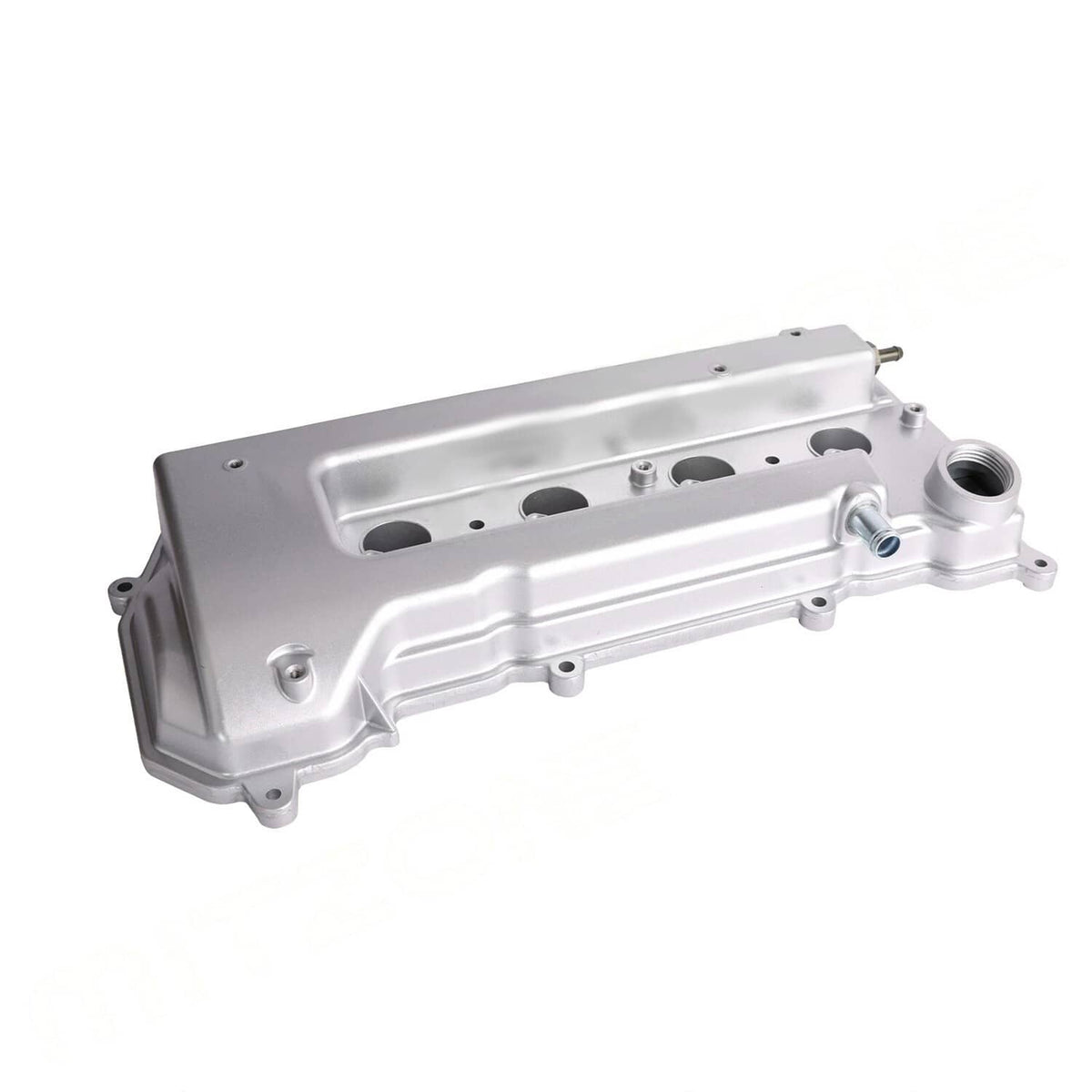 Aluminum valve cover with gasket, angled top view with silver finish and side outlet