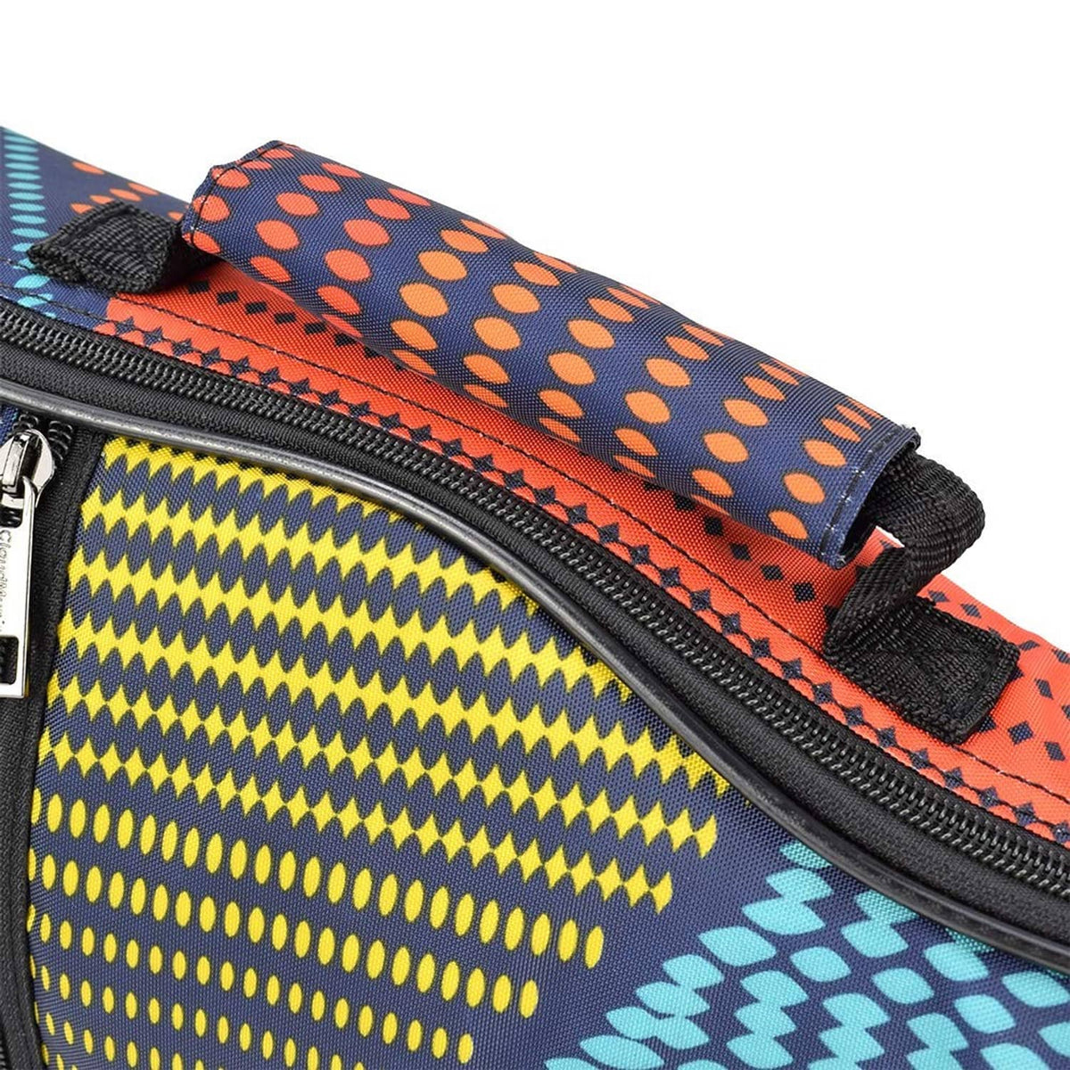 Colorful ukulele gig bag close-up of zipper track and patterned fabric panel