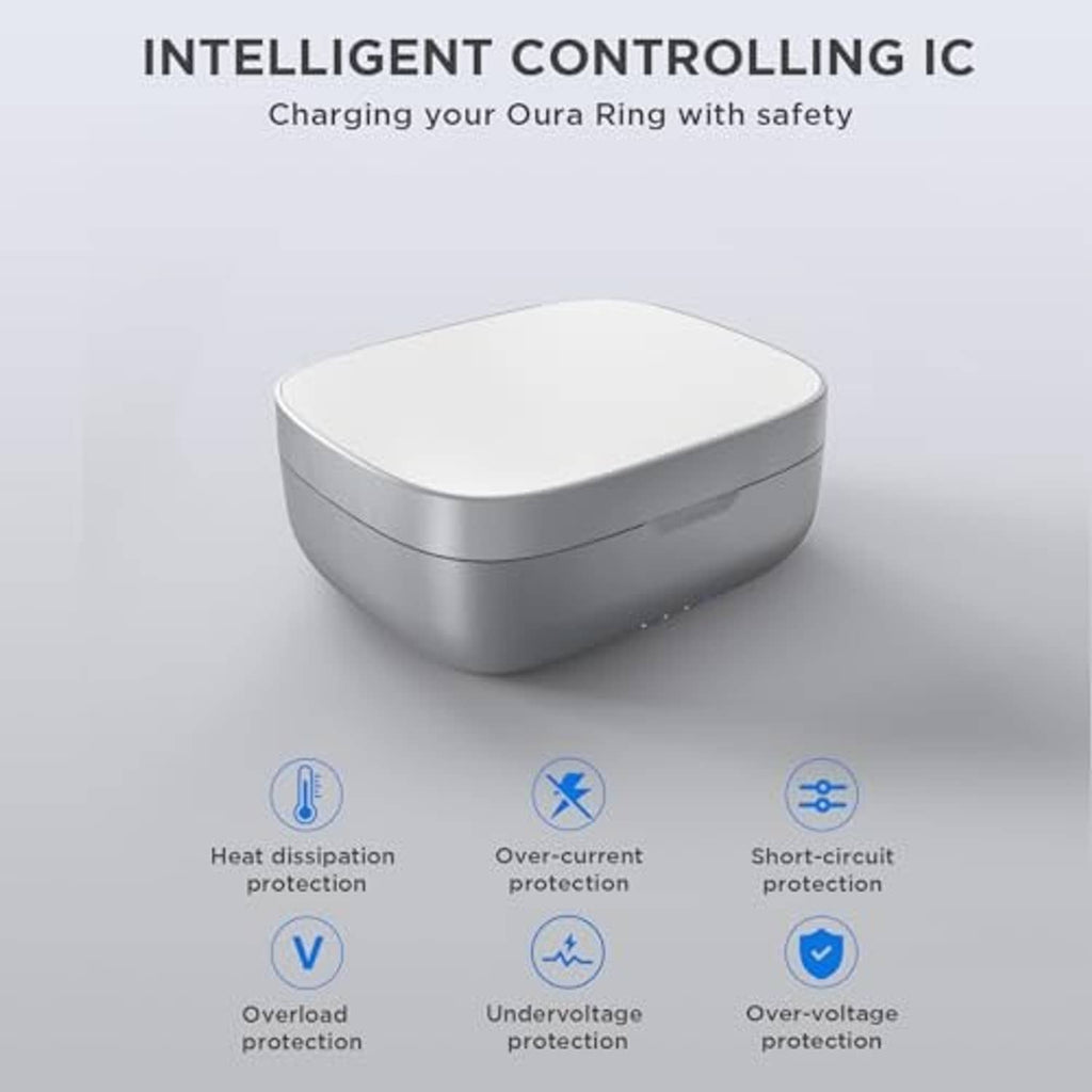 White-and-silver charging case base with compact rounded design