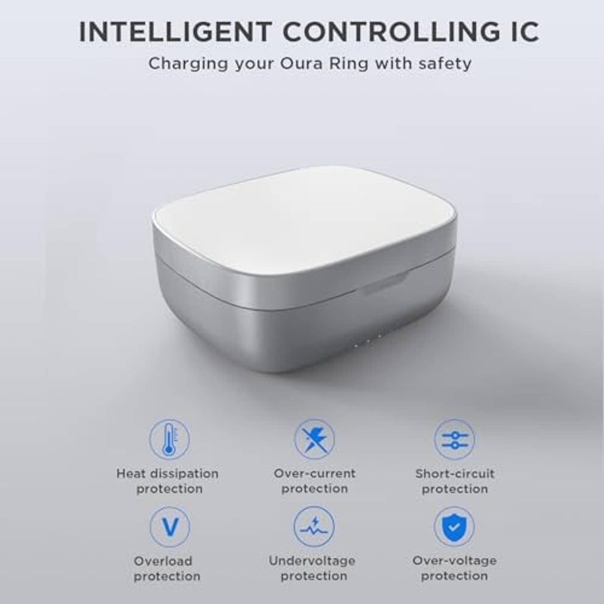 White-and-silver charging case base with compact rounded design