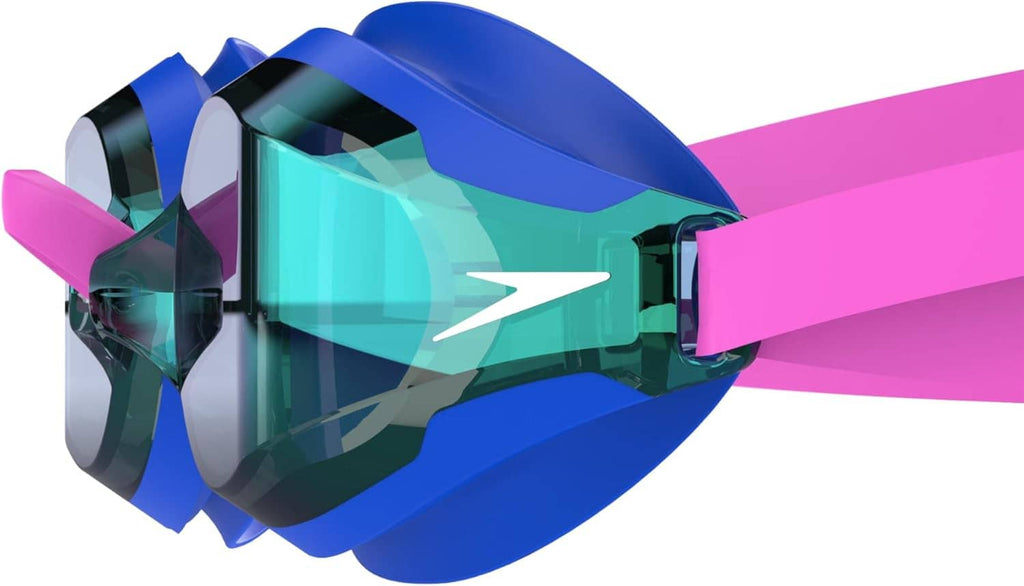 Swim goggles showing blue side frame, dark tinted lens, and pink strap detail
