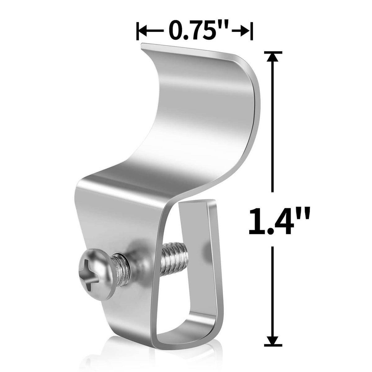 Silver mounting clip for vinyl siding, with size measurements: 0.75 in and 1.4 in