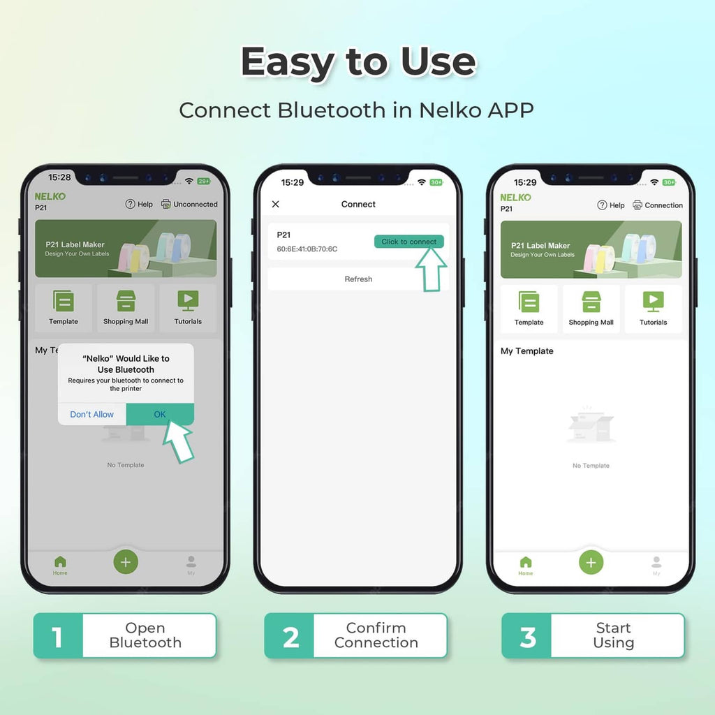 Nelko P21 label maker app steps: connect Bluetooth, confirm, then start printing