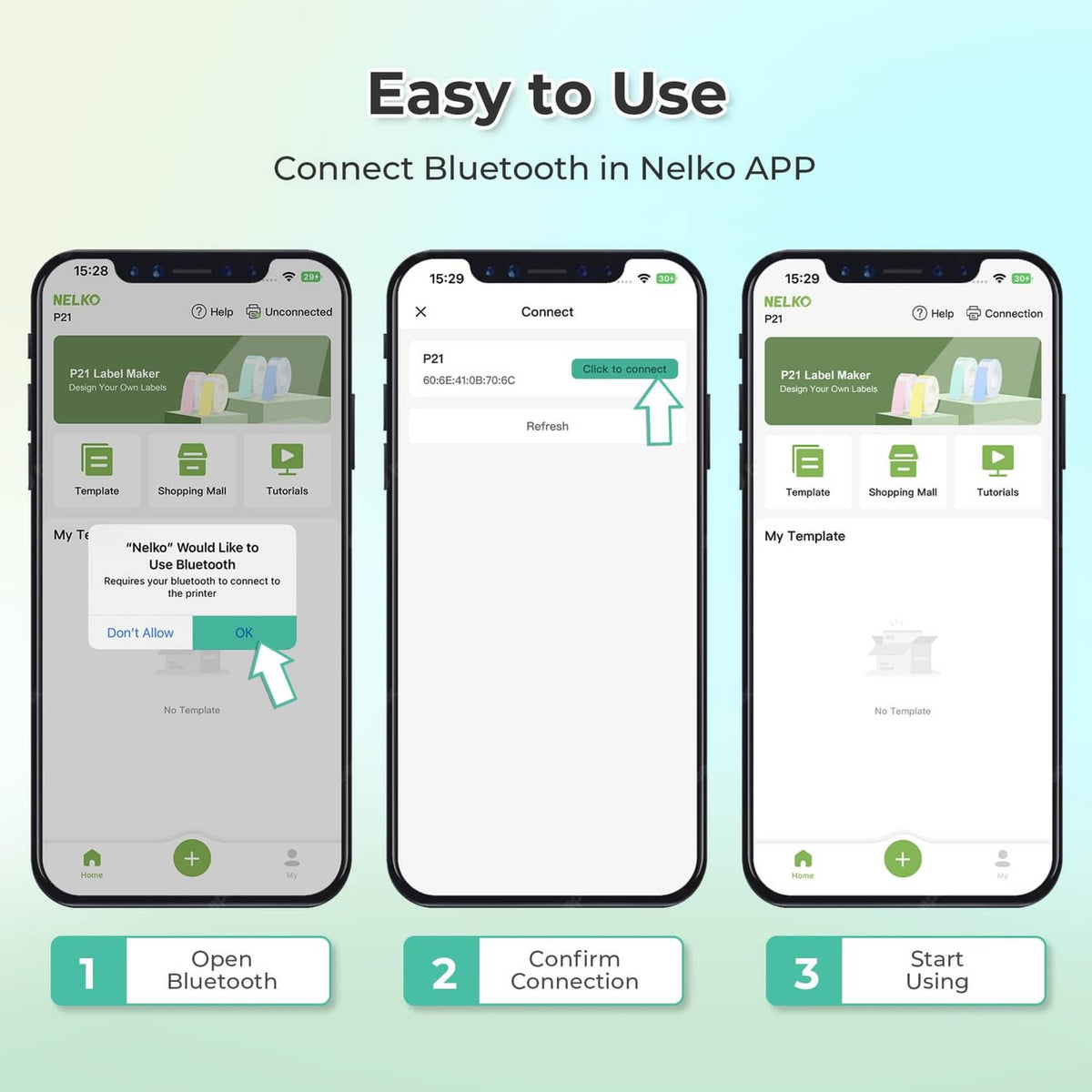 Nelko P21 label maker app steps: connect Bluetooth, confirm, then start printing