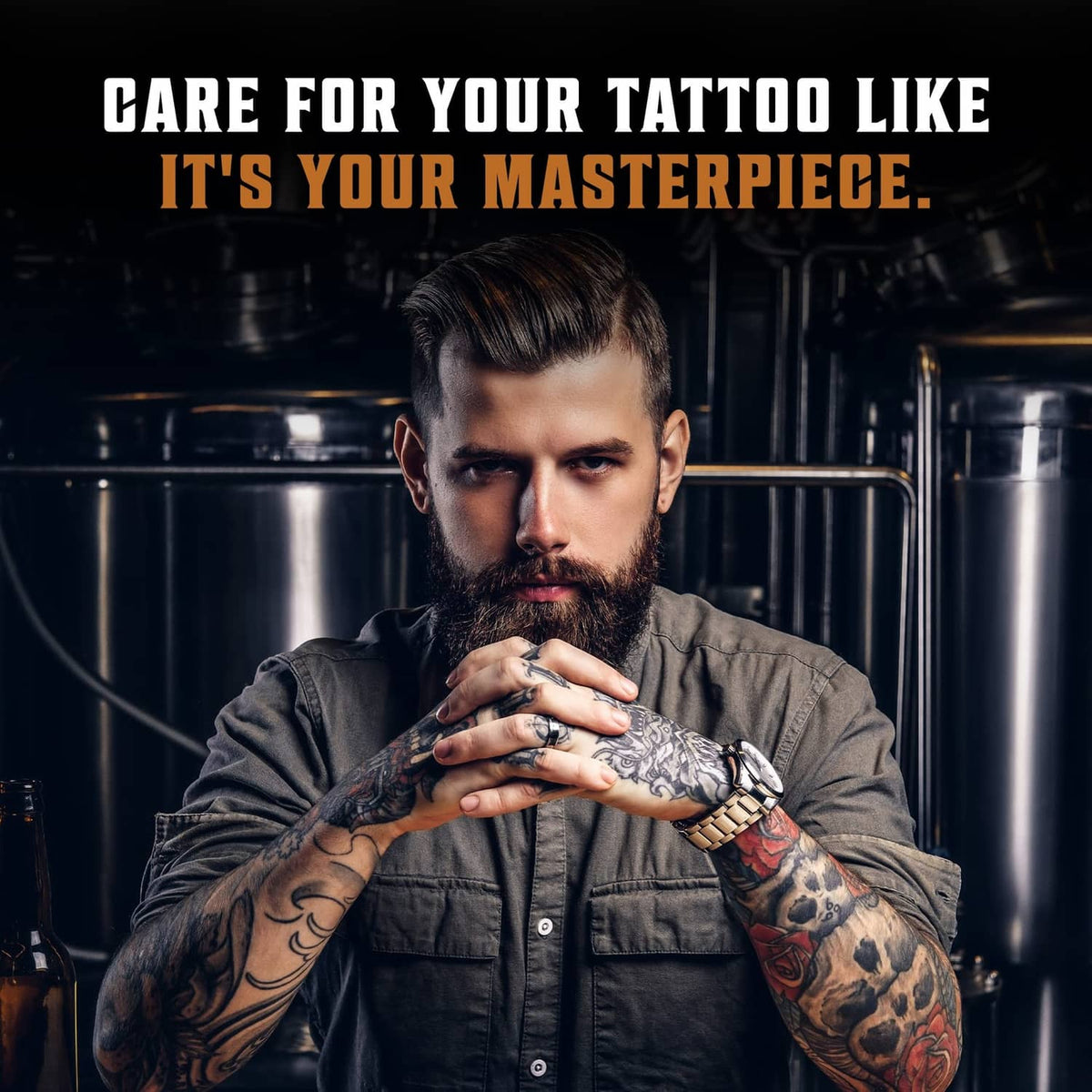 Viking Revolution tattoo care balm for tattoo aftercare, hands caring for inked skin