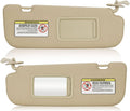 Beige fabric car sun visor pair with mirror windows and mounting clips, left and right