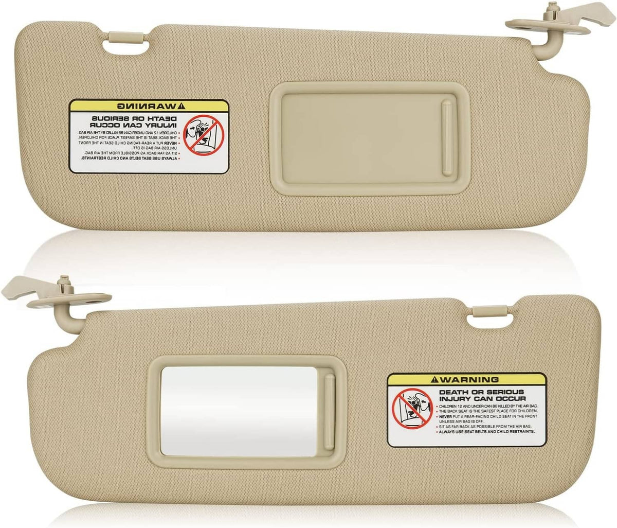 Beige fabric car sun visor pair with mirror windows and mounting clips, left and right
