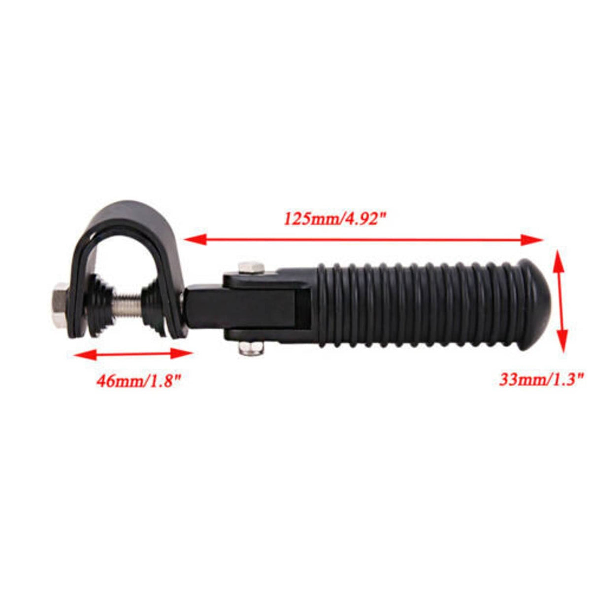 Black motorcycle highway foot peg with spring boot, U bracket, and rubber ridged grip