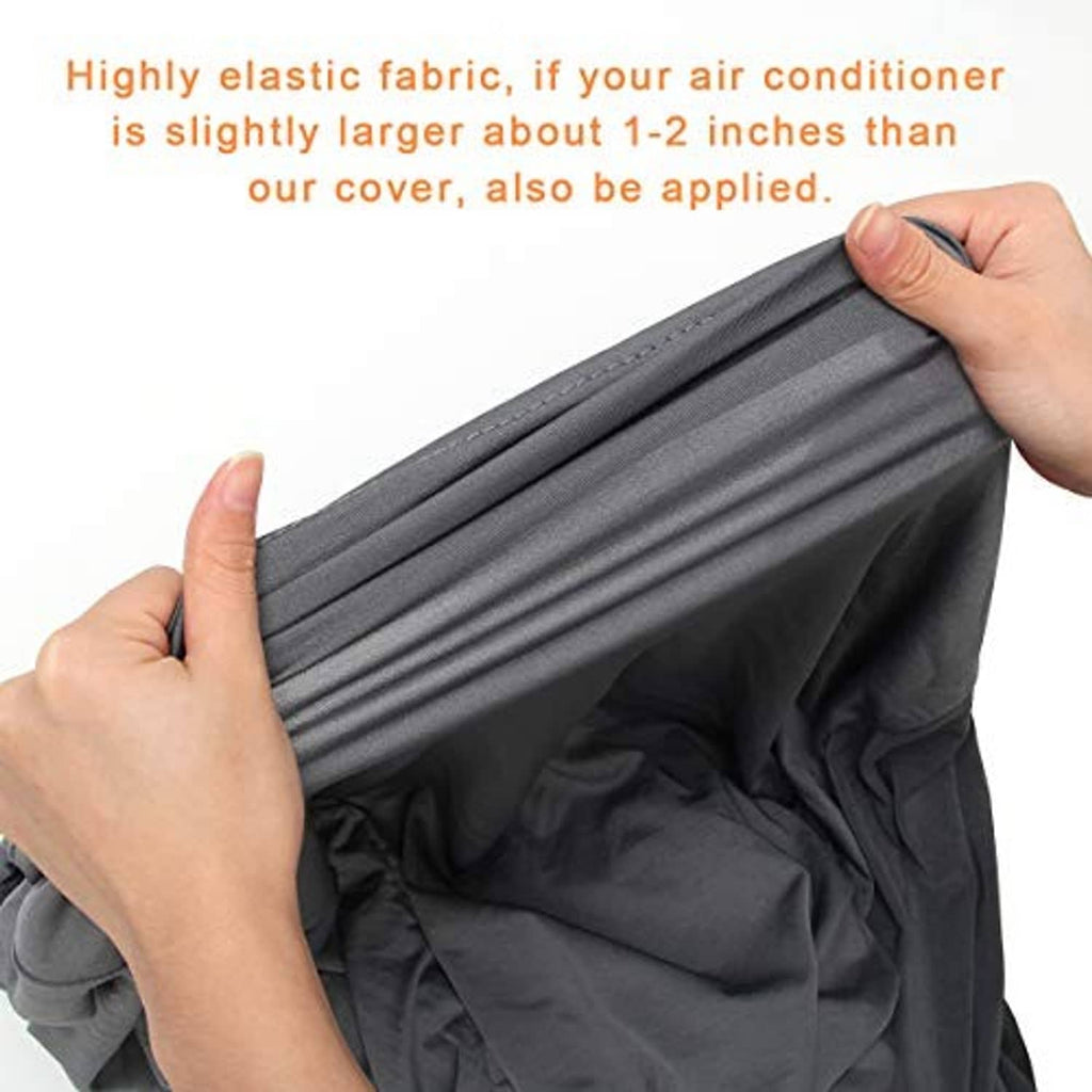 Gray elastic portable air conditioner cover being stretched, with gathered top edge