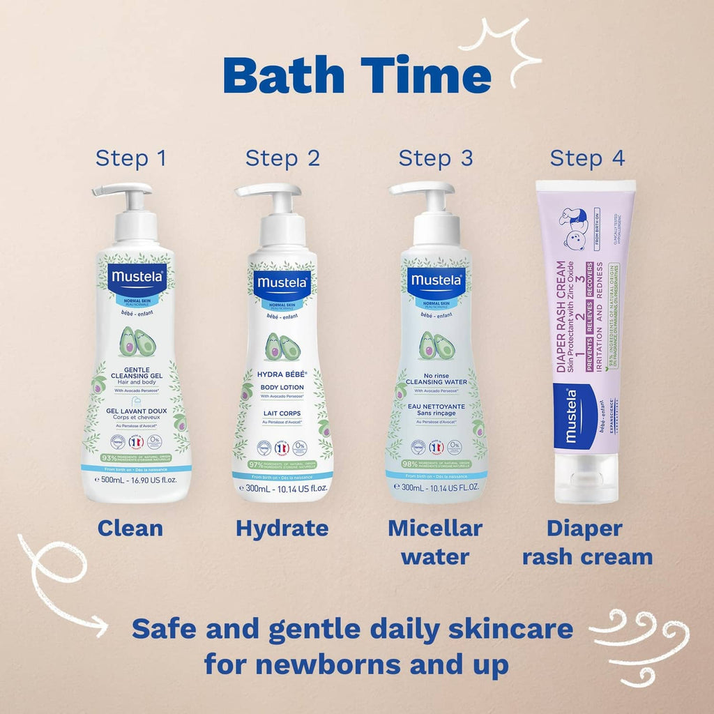 Mustela diaper rash cream tube with other bath-time skincare bottles