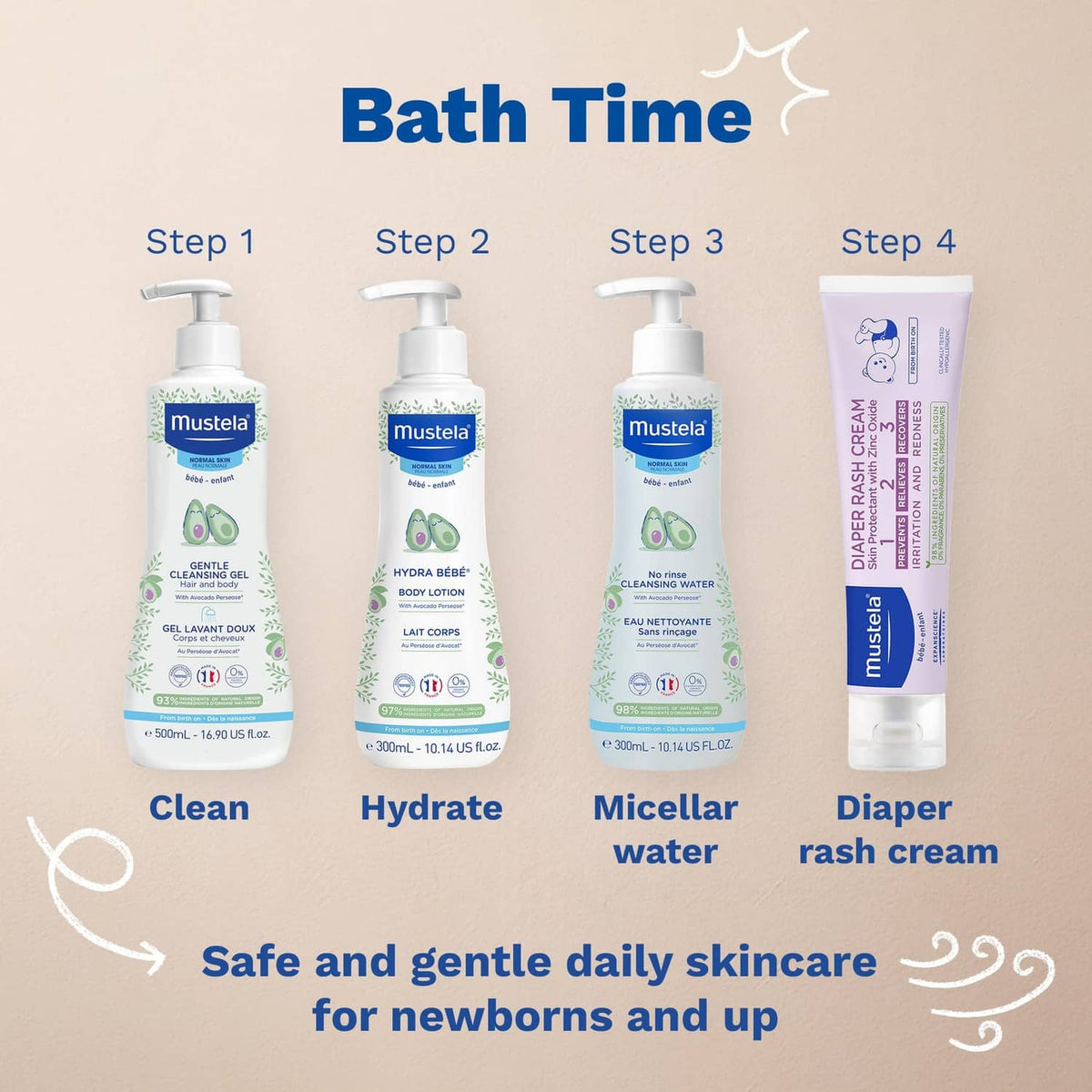Mustela diaper rash cream tube with other bath-time skincare bottles