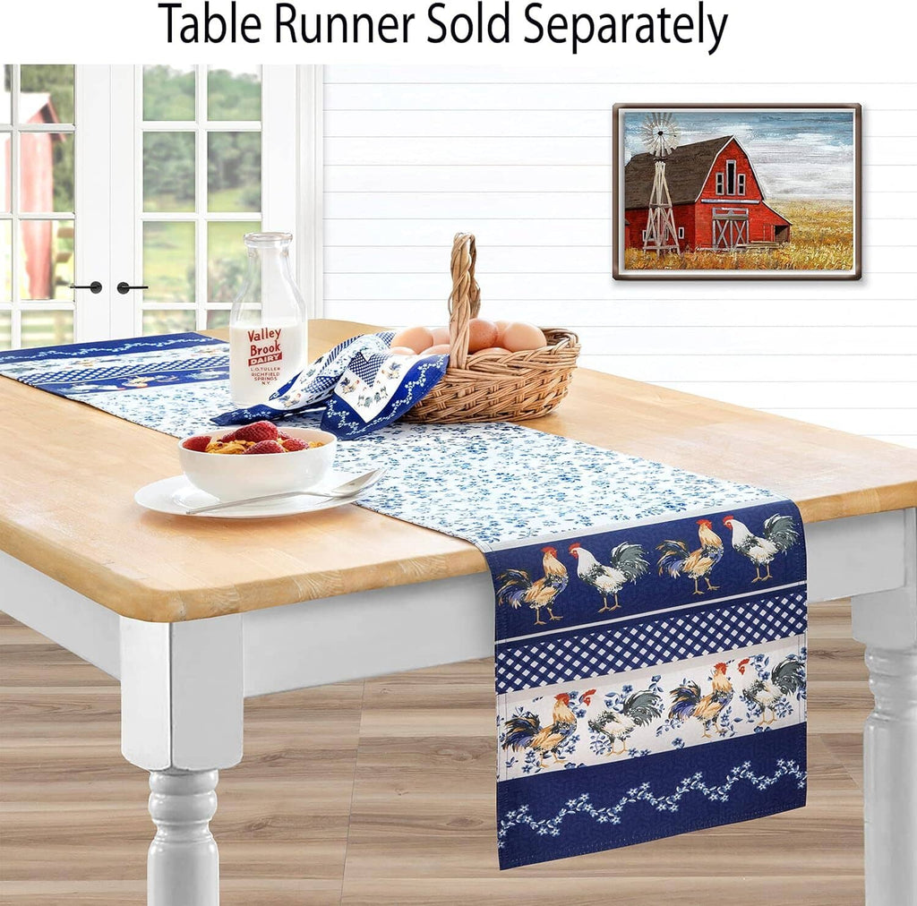 Blue and white table runner with farm animal border on a wooden dining table