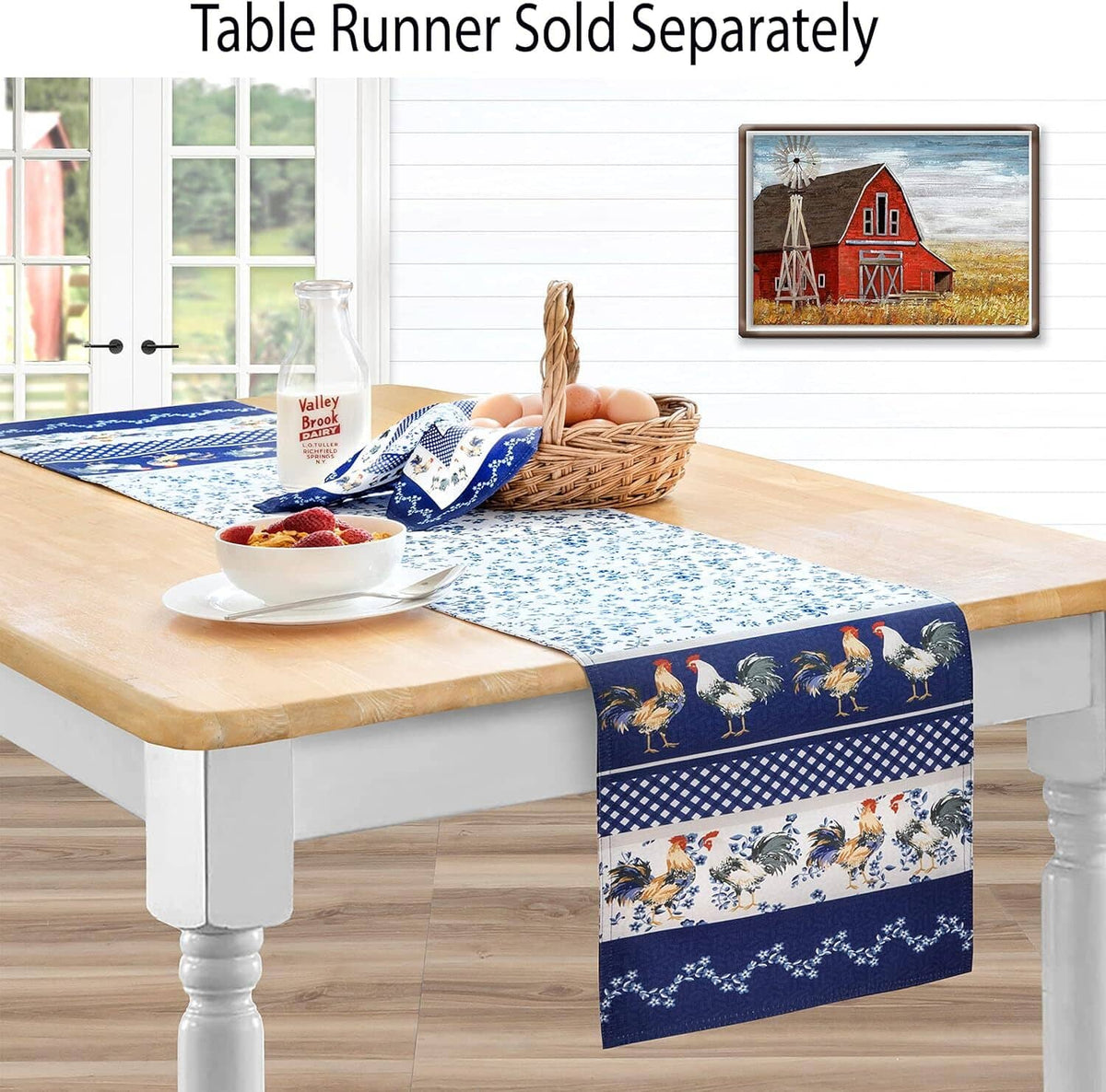 Blue and white table runner with farm animal border on a wooden dining table