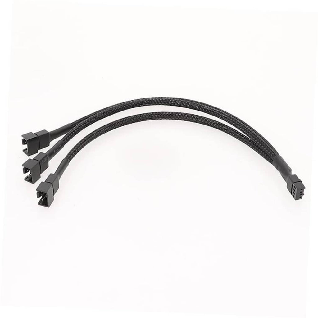 Sleeved fan splitter cable, 4-pin to 3-way, three fan plugs and one PSU plug