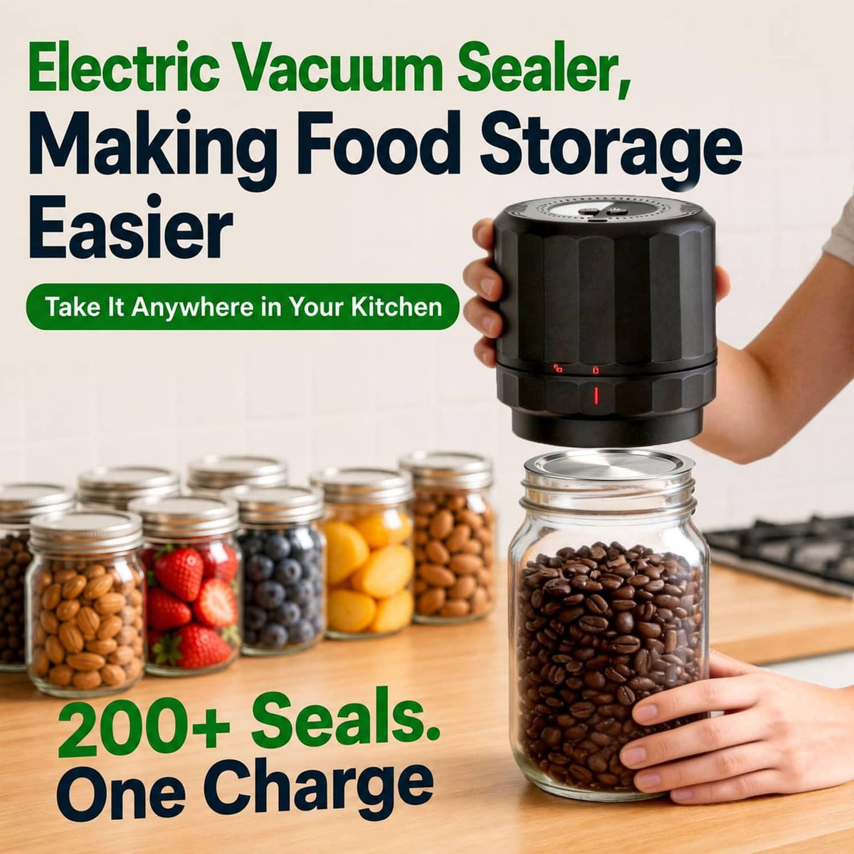 Black electric vacuum sealer placed over a Mason jar for vacuum sealing