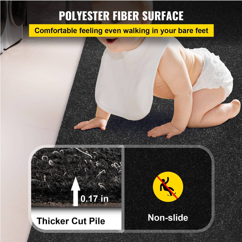 Black cut pile marine carpet with non-slip backing, shown in corner overlap