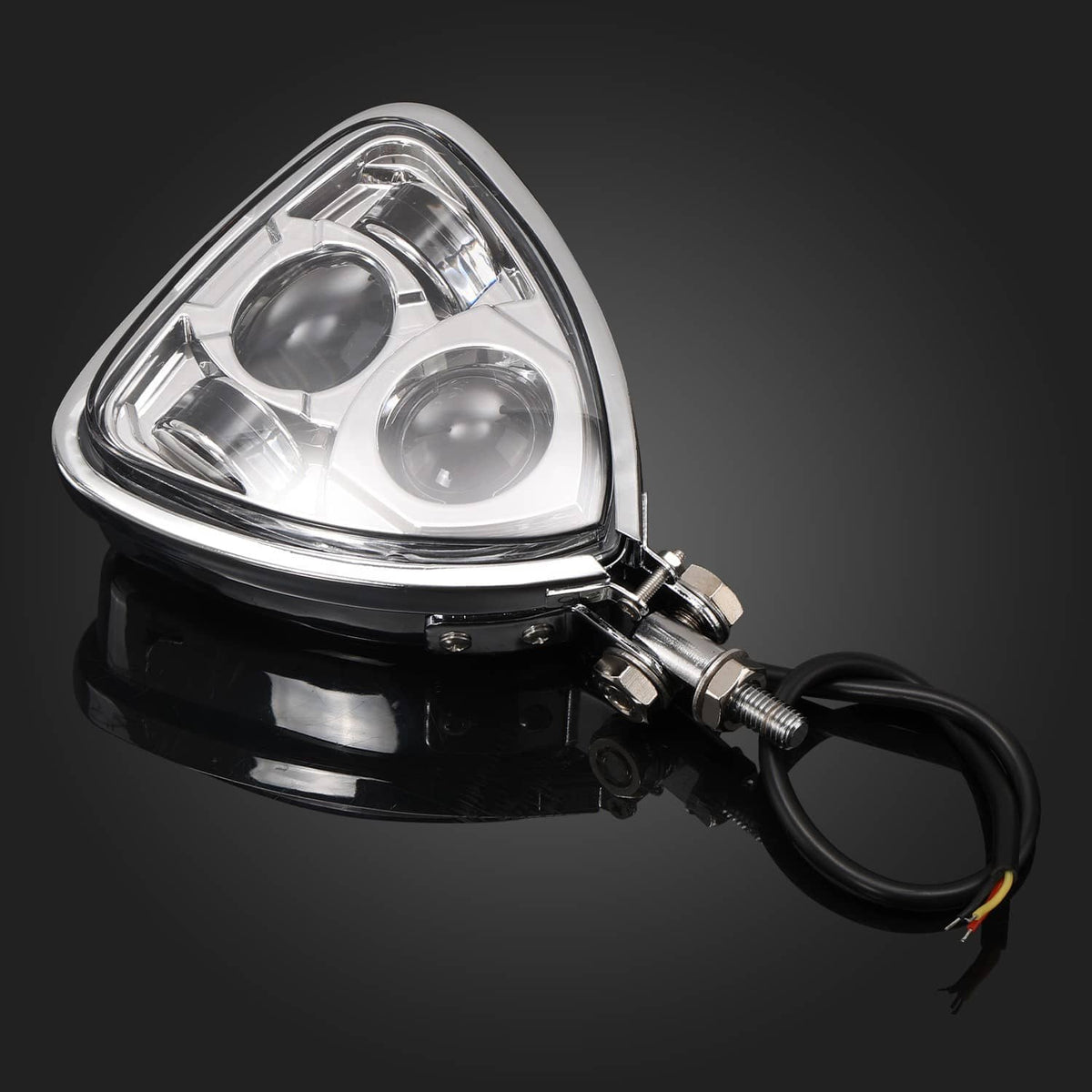 Triangular chrome motorcycle headlight with two reflectors, mounting hardware, and wires