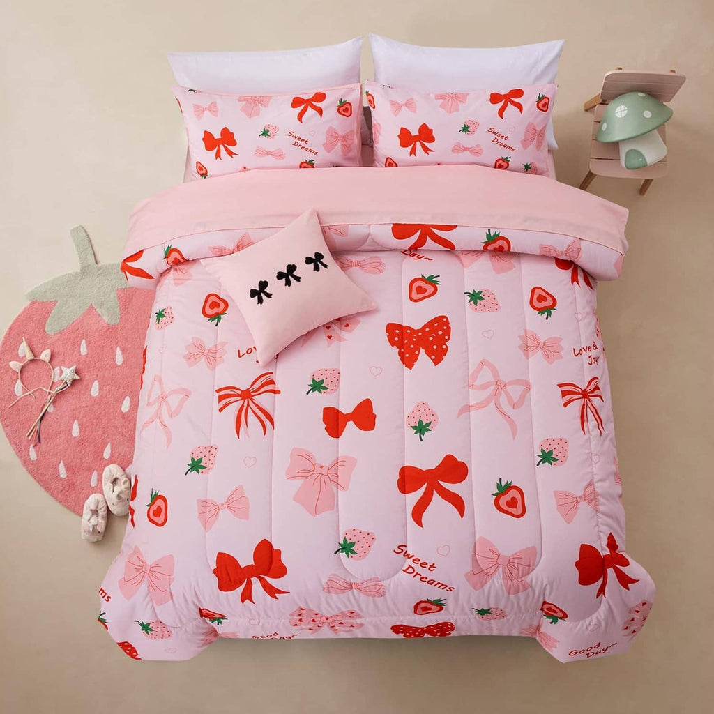 Pink bow comforter set with red and white ribbon prints, bed-in-a-bag