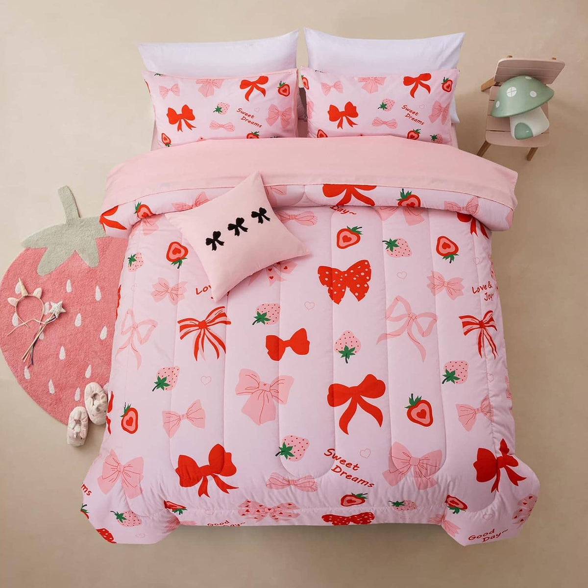 Pink bow comforter set with red and white ribbon prints, bed-in-a-bag