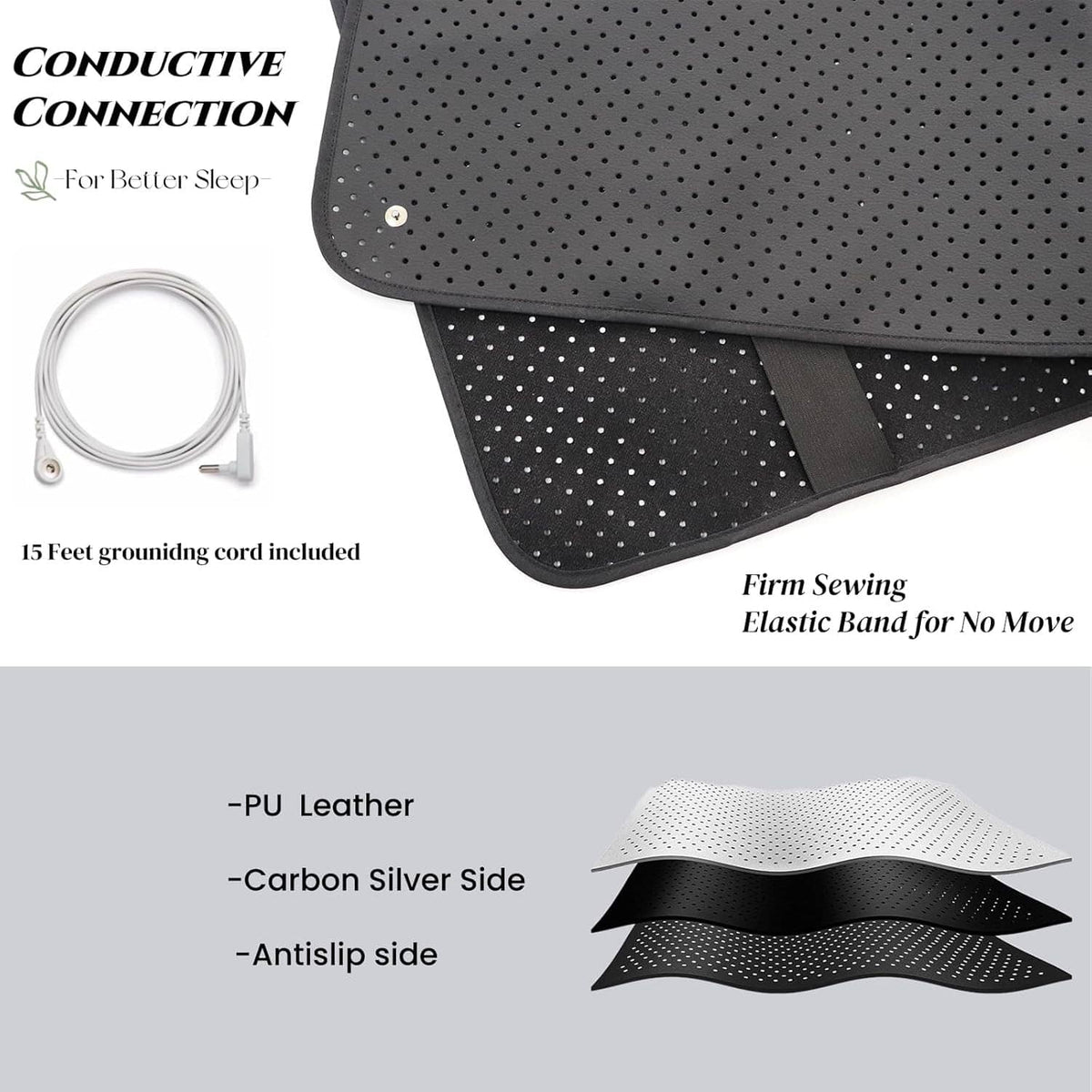 Black perforated grounding mattress cover corner with connection cord and snap