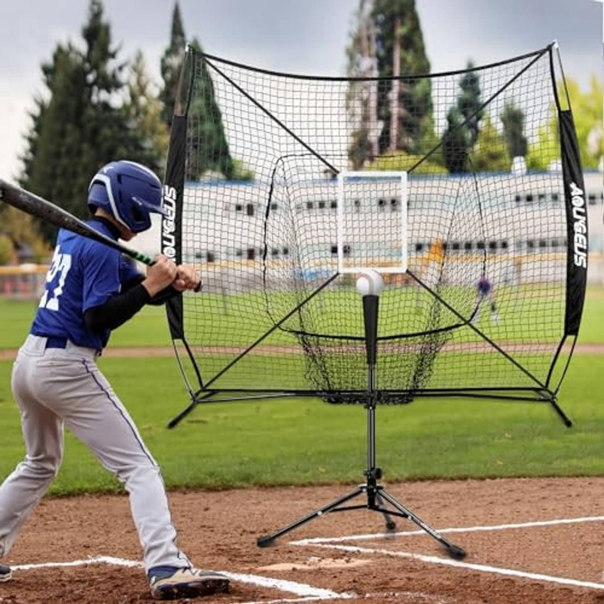 Baseball practice net set up with strike zone target, black frame and white mesh