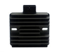 Black voltage regulator rectifier unit with top plug and ventilation fins
