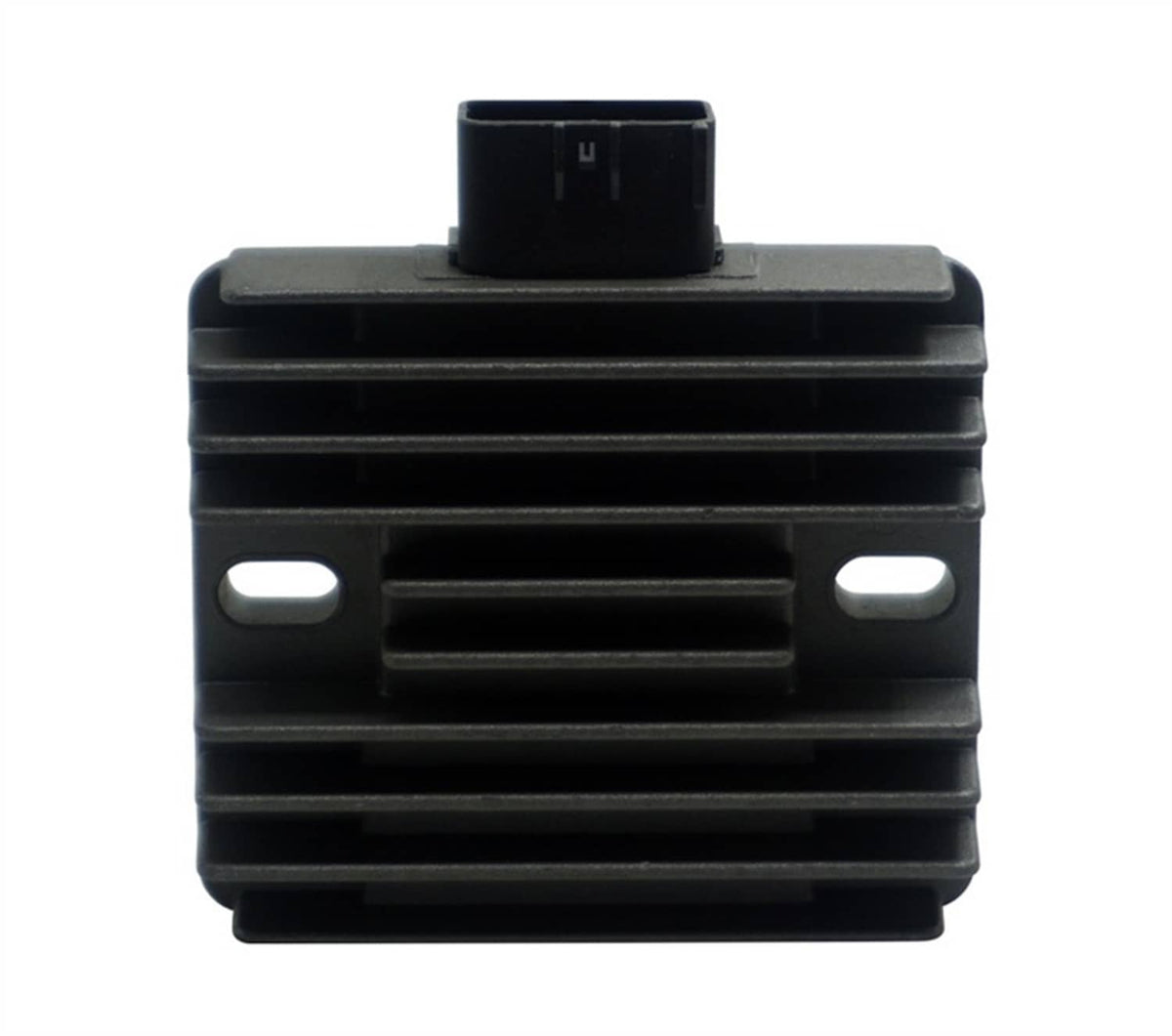 Black voltage regulator rectifier unit with top plug and ventilation fins