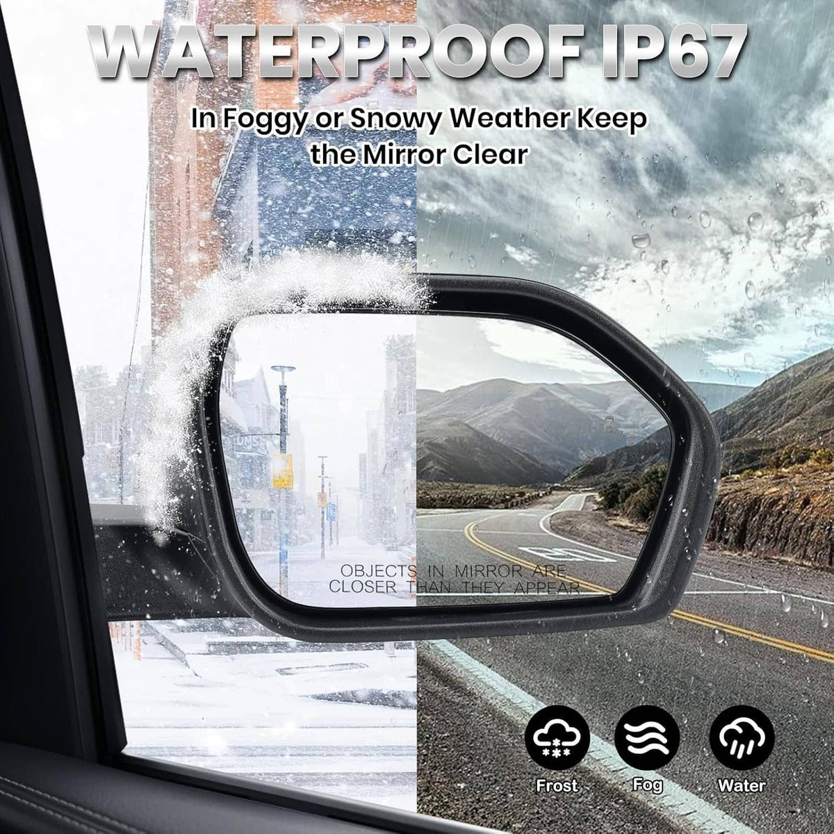 IP67 right side heated mirror with clear viewing in rain and frost conditions
