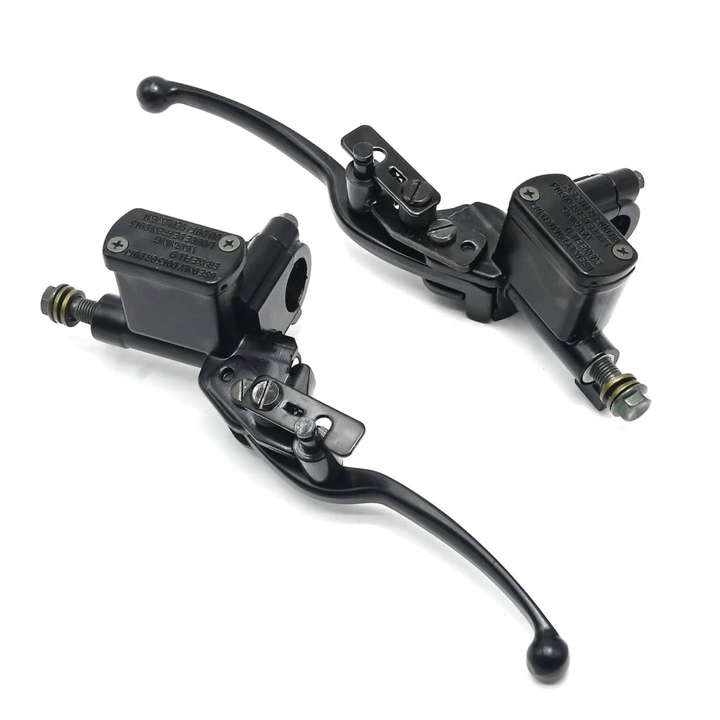 Pair of black brake master cylinders with curved lever arms and threaded connections