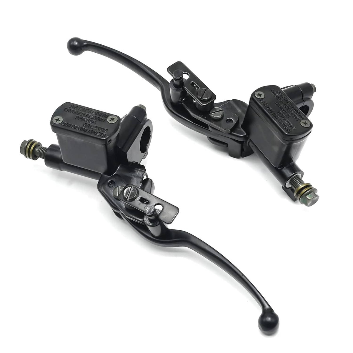 Pair of black brake master cylinders with curved lever arms and threaded connections