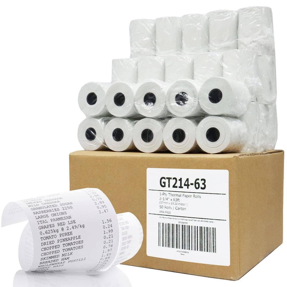Thermal paper rolls stacked with cardboard shipping box and product label