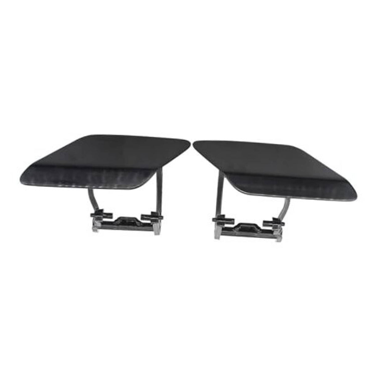 Pair of black headlight washer nozzle caps with mounting brackets, left and right