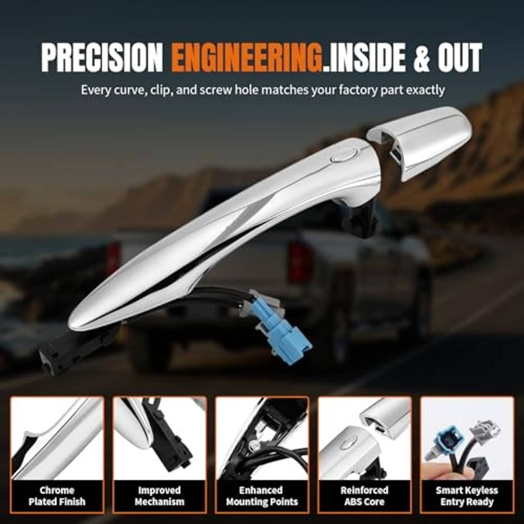 Chrome exterior door handle with ABS chrome cover and blue connector, front right side