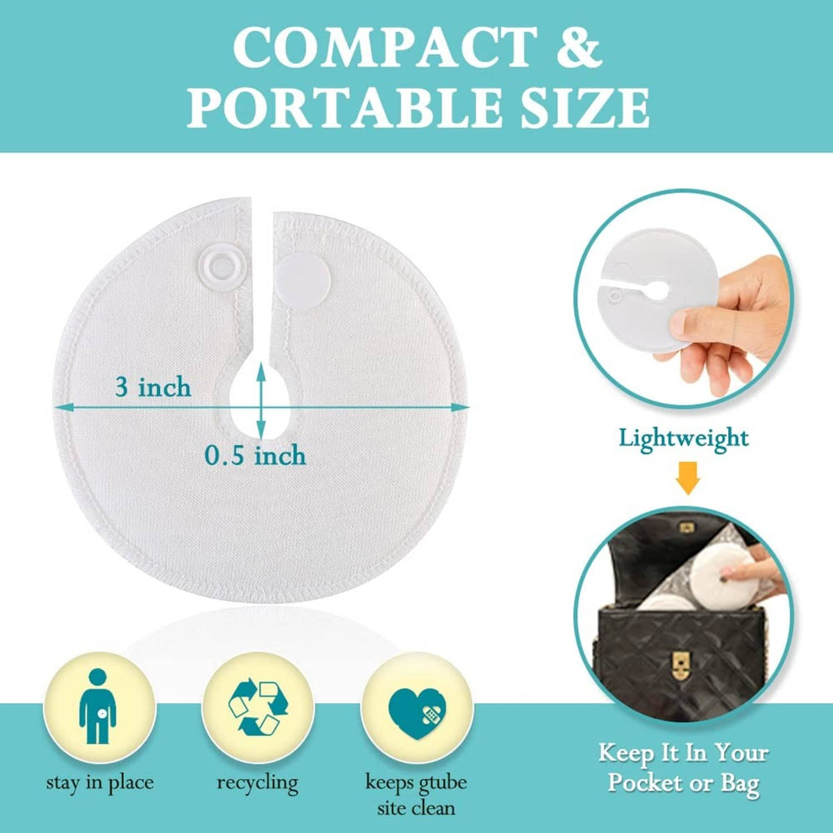 Round white button cover pad with small port opening for tube access