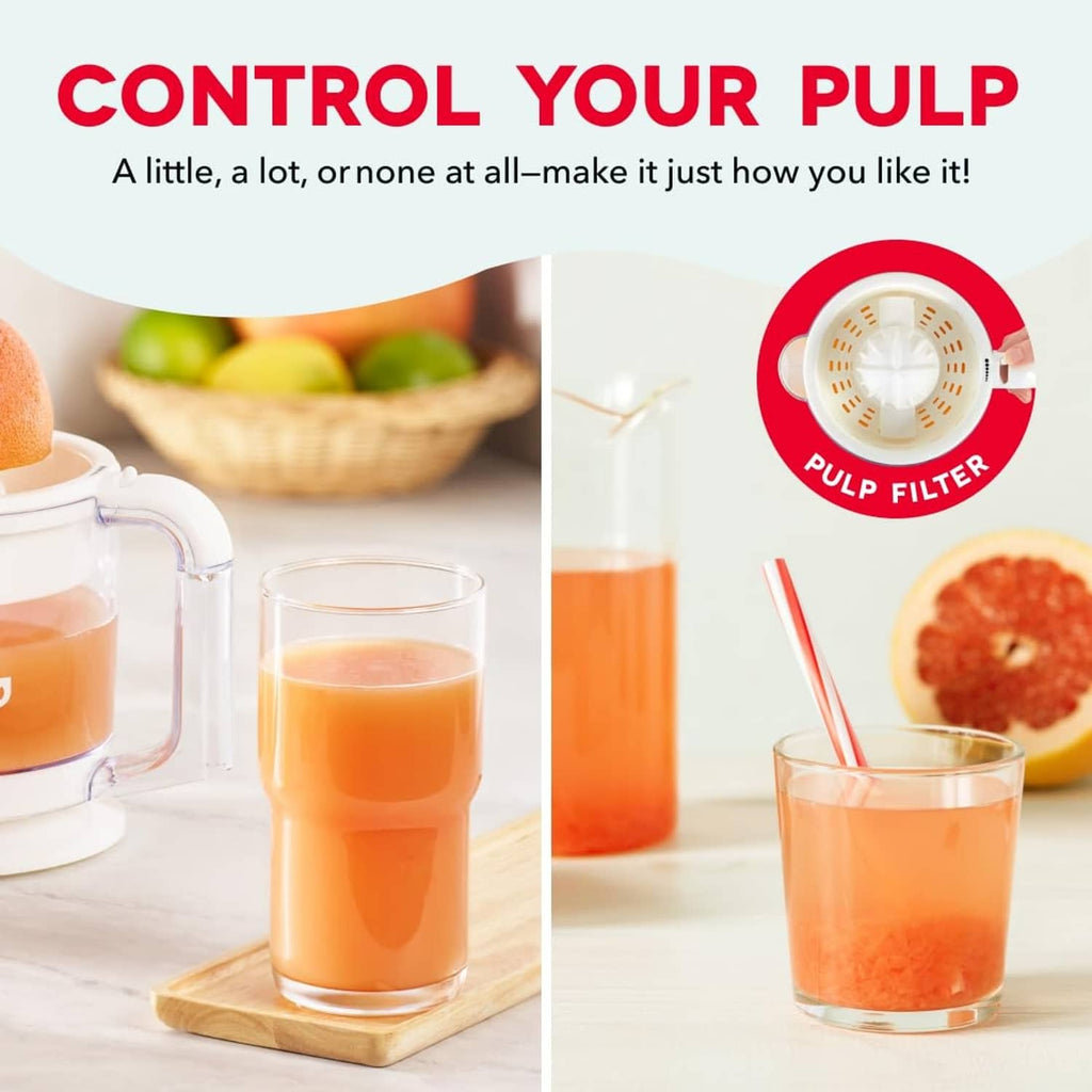 Citrus juicer pulp filter accessory and pitcher with clear glass of orange juice