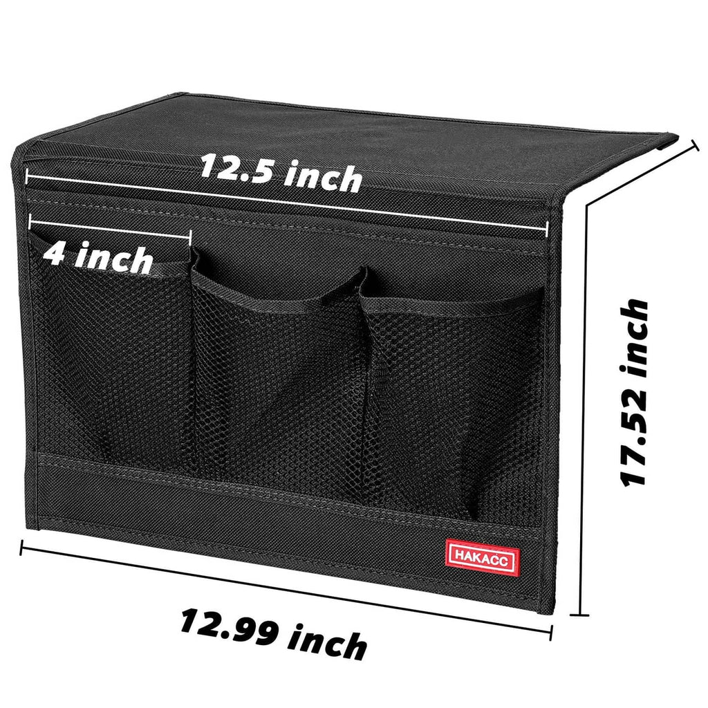Black bedside organizer caddy with front pockets and labeled dimensions