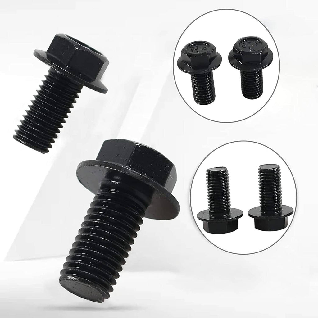 Black hex-head flexplate bolts with threaded studs, shown with inset details