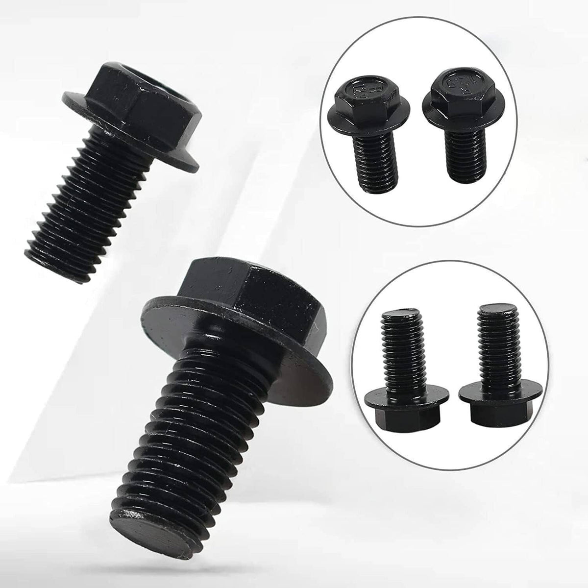 Black hex-head flexplate bolts with threaded studs, shown with inset details